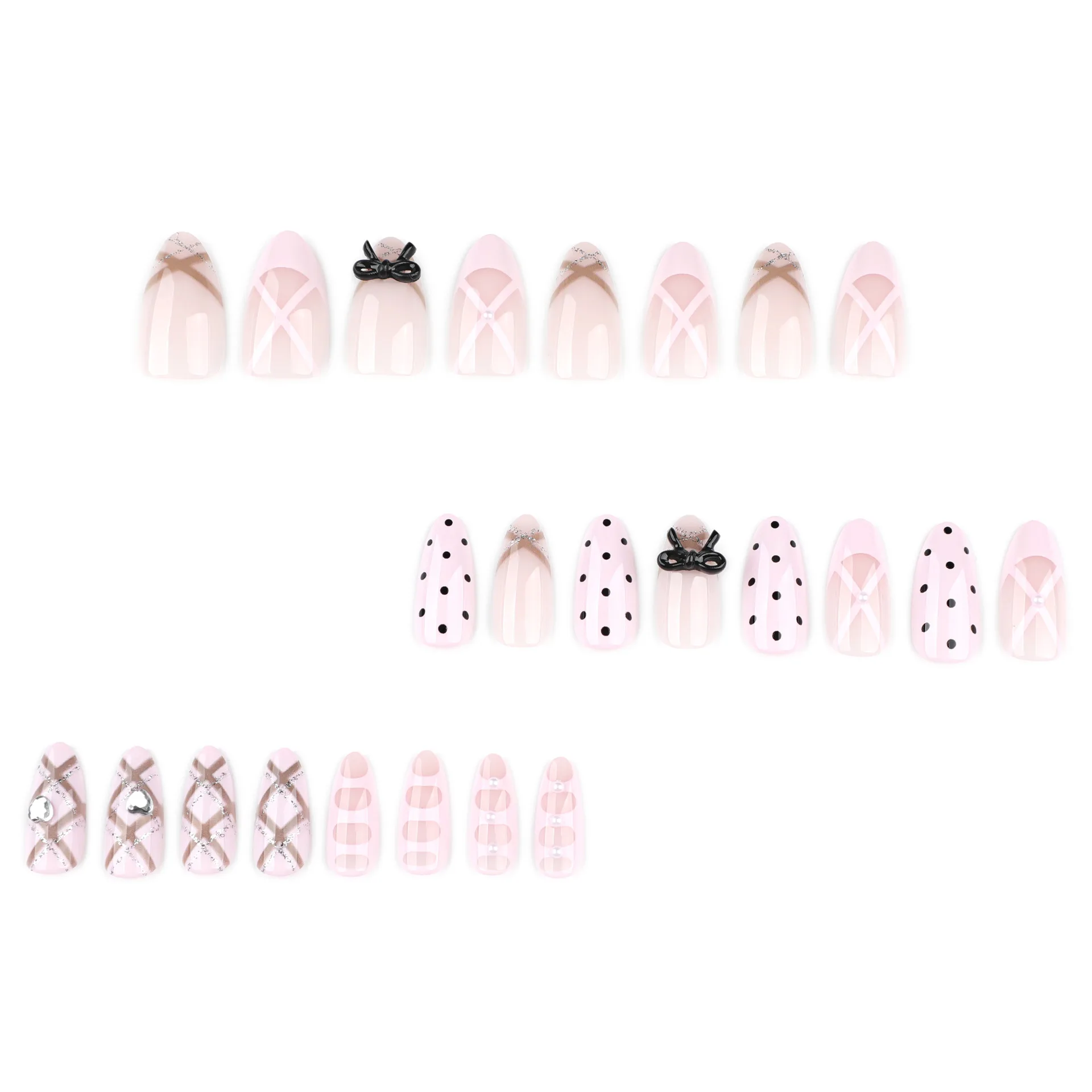 24 Uds. De uñas postizas de estilo gótico dulce, color rosa claro, estilo francés, almendra, Ballet, punto ondulado, diseños de lazos, uñas postizas