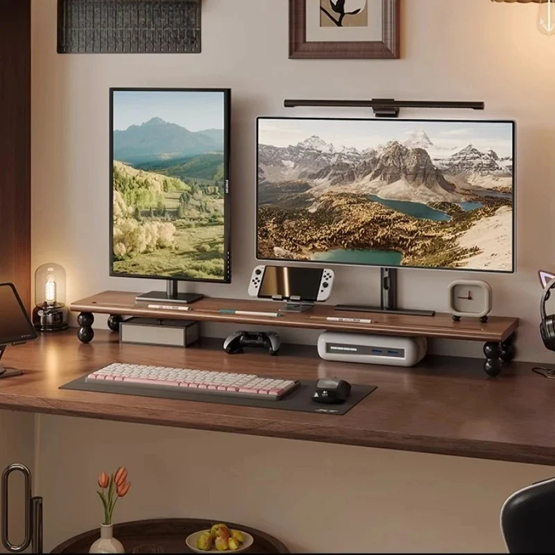 Walnut Monitor Stand Riser Solid Wood Computer Screen Holder Desktop Organizer Shelf for Laptop Space-Saving Desk Accessory