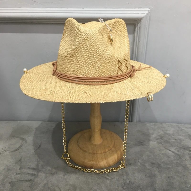 2022 summer raffia sunhat for women with chain and pin women\'s straw Panama Hat