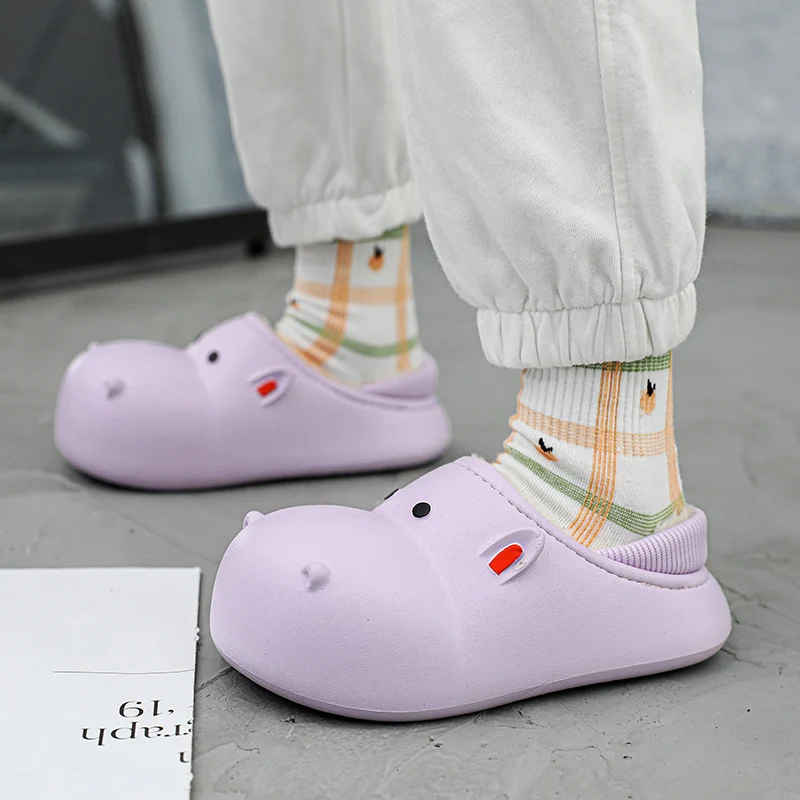 Cute Slippers Waterproof Furry Children Home Platform Slippers Boys Girls Winter Plush Slides Indoor Fuzzy Lovely Cotton Shoes