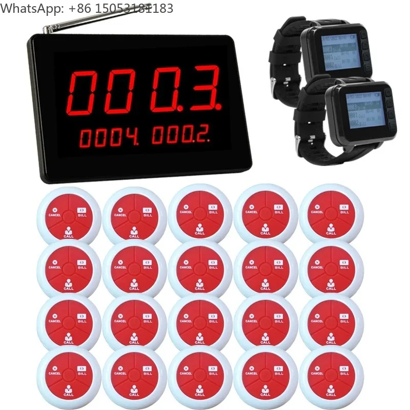 Restaurant Pager Call System Wireless Waiter Buzzer Bell 1 Host Receiver 2 Wrist Watch 20 Table Guest Button