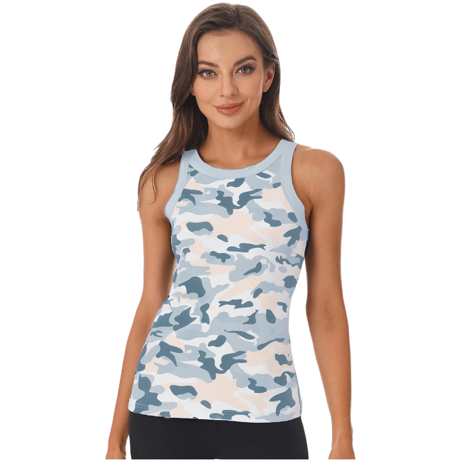 

Women Camouflage Print Racerback Tank Tops Stretchy Crew Neck Slim-fit Vest Casual Sleeveless Blouse for Daily Vacation Hiking