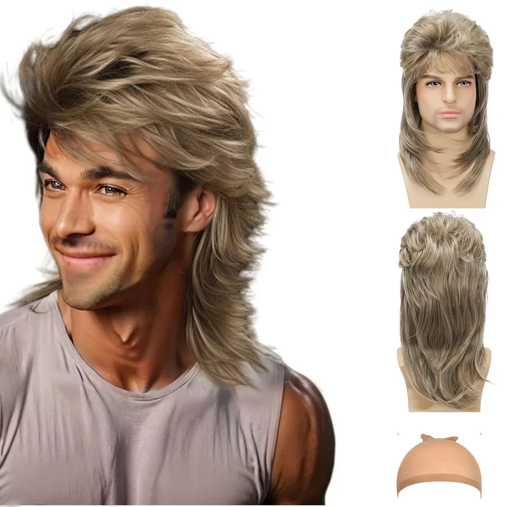 

Synthetic Long Blonde Mullet Wig Machine Made for Men 70s 80s Costume Fancy Party Curly Punk Rocker Halloween Costumes Male Use