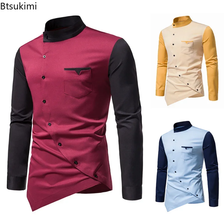 2024 Men\'s Casual Shirts Patchwork Irregular Oblique Button Long Sleeve Men\'s Dress Wedding Business Shirt Tops Chemise Homme