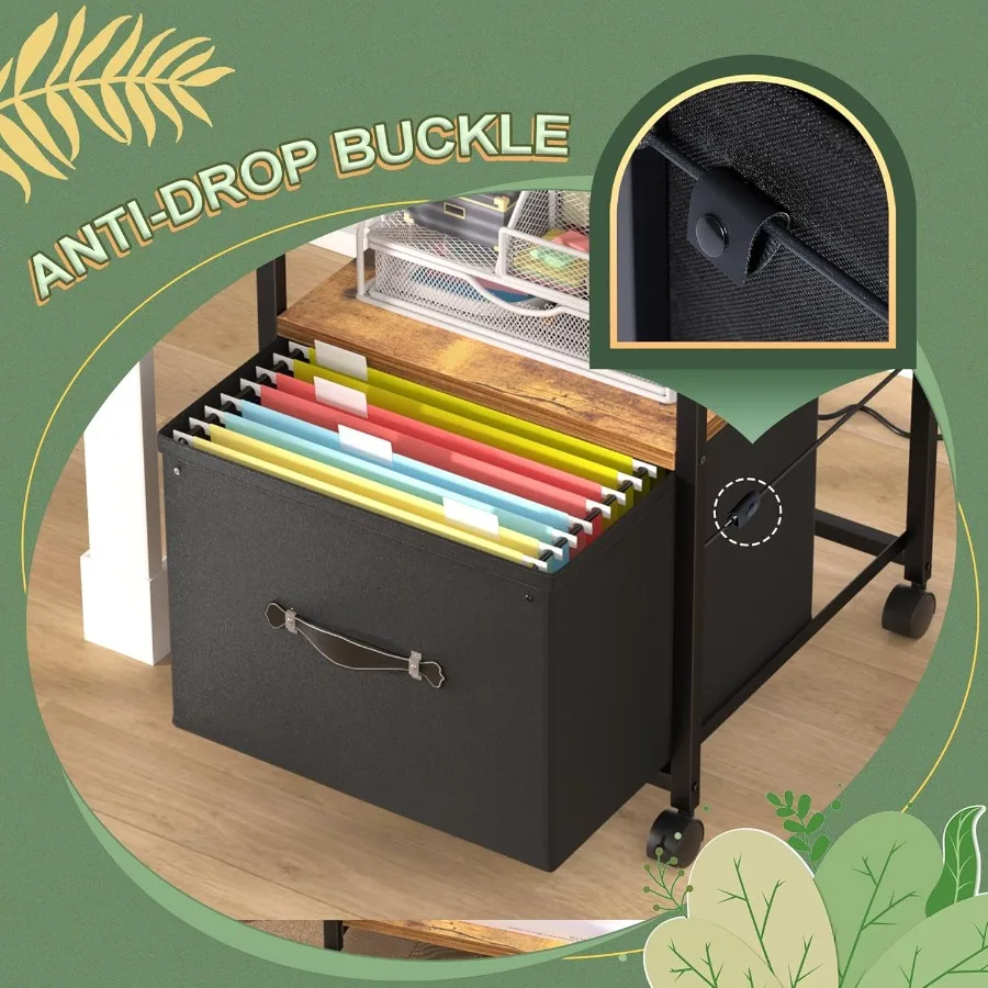 حامل طابعة كبير بعجلات مكسرة، وخزانة ملفات مثبتة على الجانب مع درجين قماشين كبيرين، أسود.