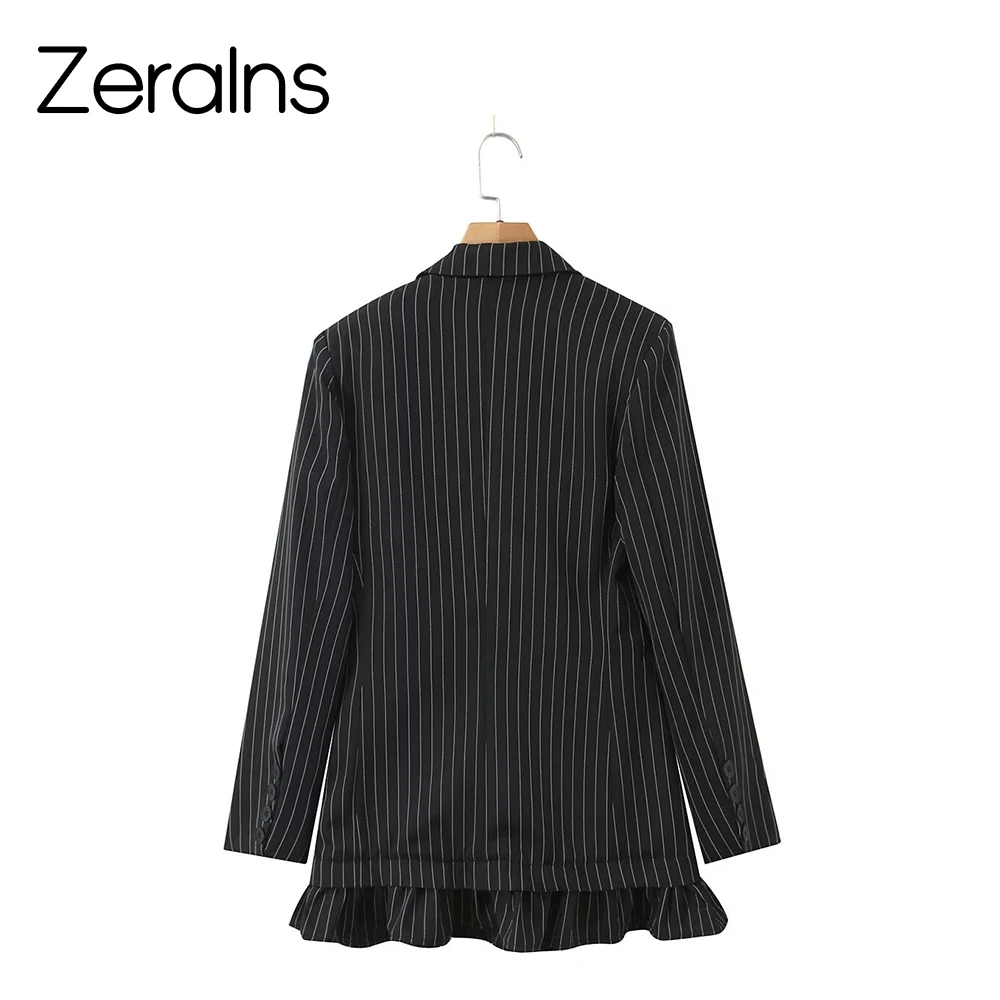 ZERAINS أزياء نسائية جديدة على الطراز الأوروبي والأمريكي، بدلة مخططة بسيطة بحاشية مكشكشة مزدوجة الصدر #2