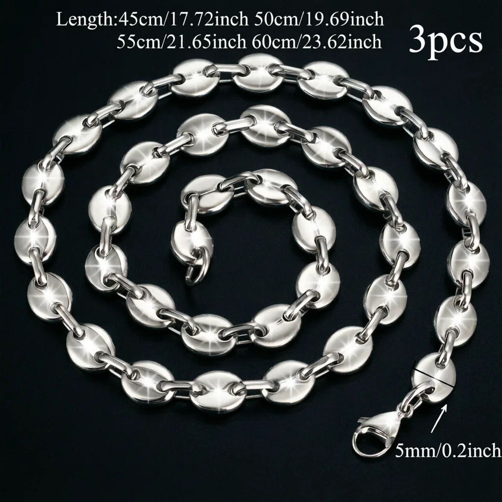 3pcs Coffee Bean Chain Necklace Stainless Steel 5mm Unisex Pig Nose Chain&Clavicle Choker Elegant Hollow Oval Chain 45/50/55/60c
