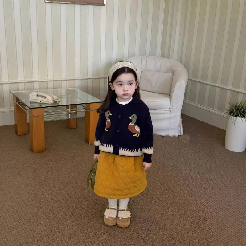 2025 Hot Winter Girls' Duck Pattern Knitted Warm Sweater Jacket and Diamond Grid Cotton Half Skirt Set