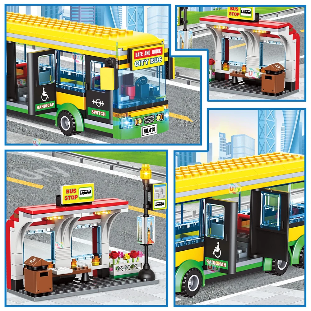 City Car Yellow Passenger School Bus Station Single-Deck Public Set Figures Model Building Blocks DIY Toys for Boys Gifts