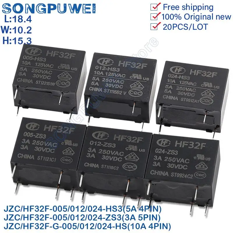 20Pcs/lot HF32F -005 012 024 - HS / HS3 / ZS3 3A 5A 10A 250VAC 4Pin 5Pin HF32F-G-012-HS DC5V 12V 24V Relay JZC-32F-012 Original