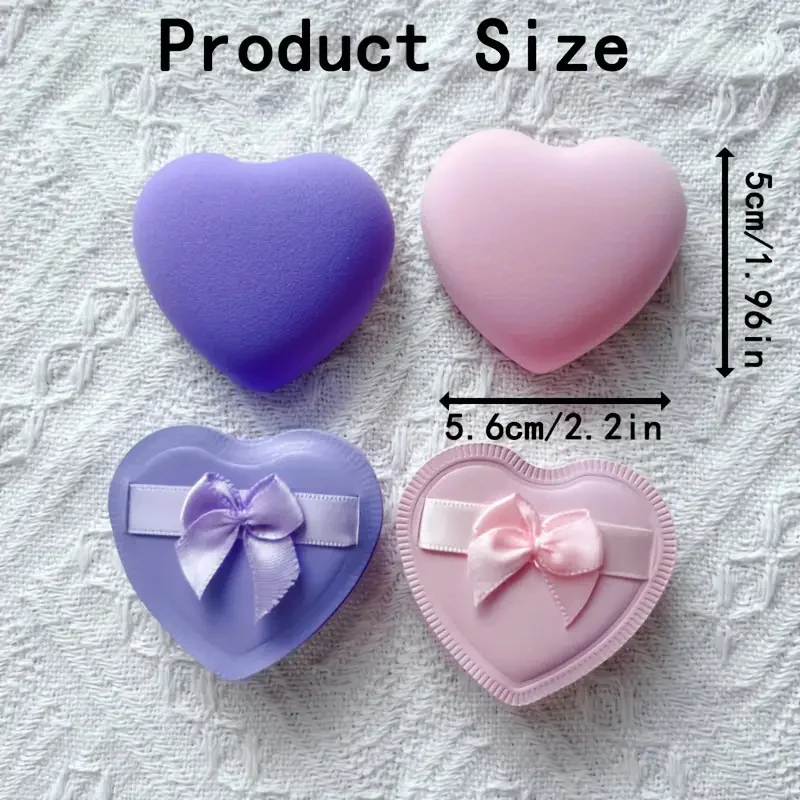 2pcs Heart-Shaped Makeup Sponges with Elastic Soft Bow Dual-Texture Use Dry Wet Cosmetic Puffs for Foundation & Liquid Makeup