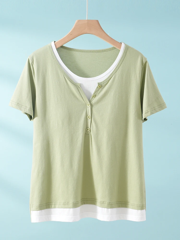 Women's T-Shirt with Chest Pad Cotton round Neck Short Sleeve Home Wear Summer Sweat Absorbent Breathable Soft Comfortable