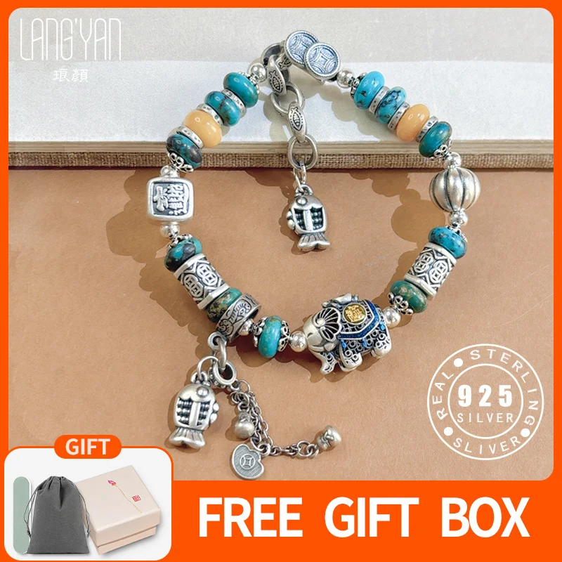 

Langyan браслет со слоном из стерлингового серебра 925 пробы в китайском стиле, натуральный пчелиный воск, бирюзовый благоприятный подарок ручной работы, аксессуары SL208