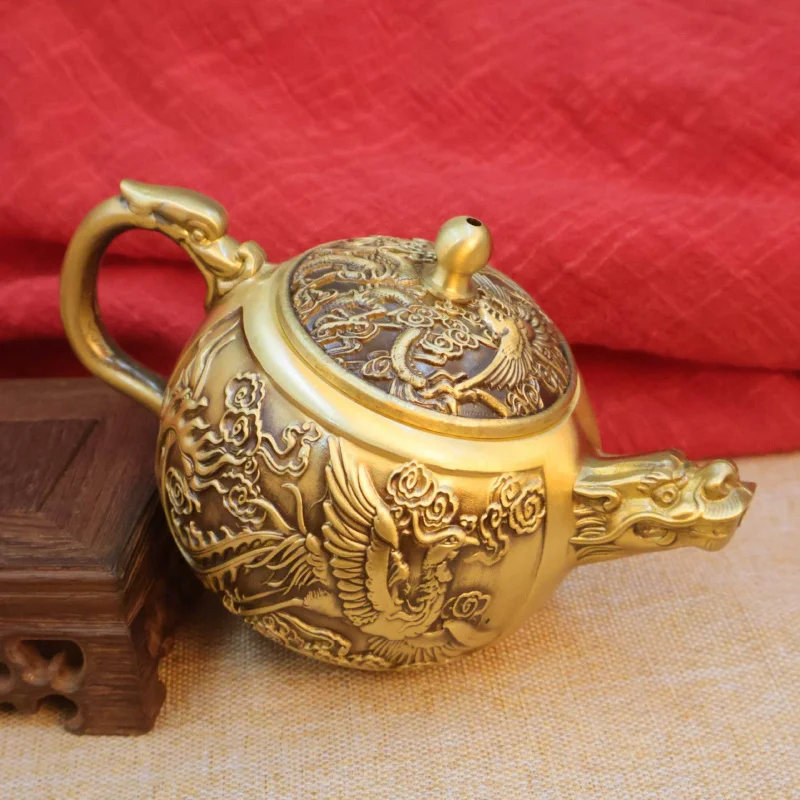 Brass dragon phoenix , hand-held , decorative piece, small teapot for offering to Buddha and immortals, wine cup
