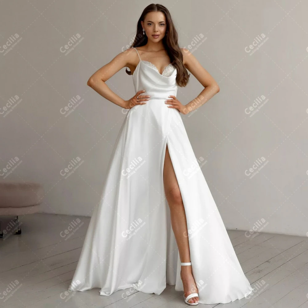 

Modern Wedding Dresses A-Line Satin Bridal Gowns High Slit Robes For Formal Party Sleeveless Sequin Appliques Vestidos De Novia