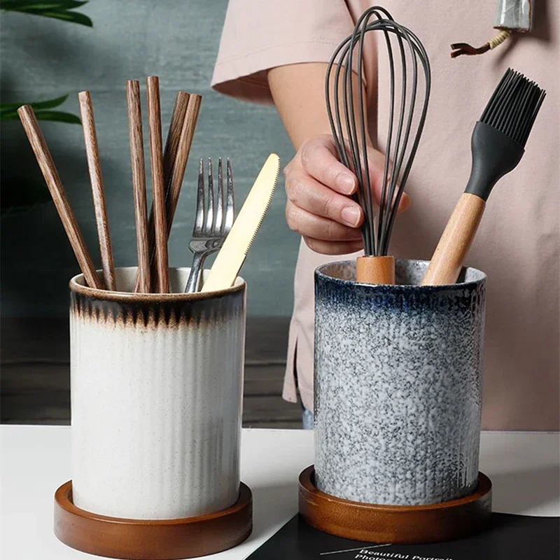 Creative drain chopstick holder ceramic kitchen multifunctional large chopsticks spoon fruit knife and fork storage bucket