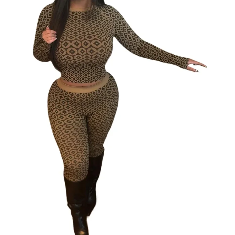 2025 primavera/verão nova moda impressa magro ajuste sexy elástico manga longa em torno do pescoço calças superiores definir roupas femininas