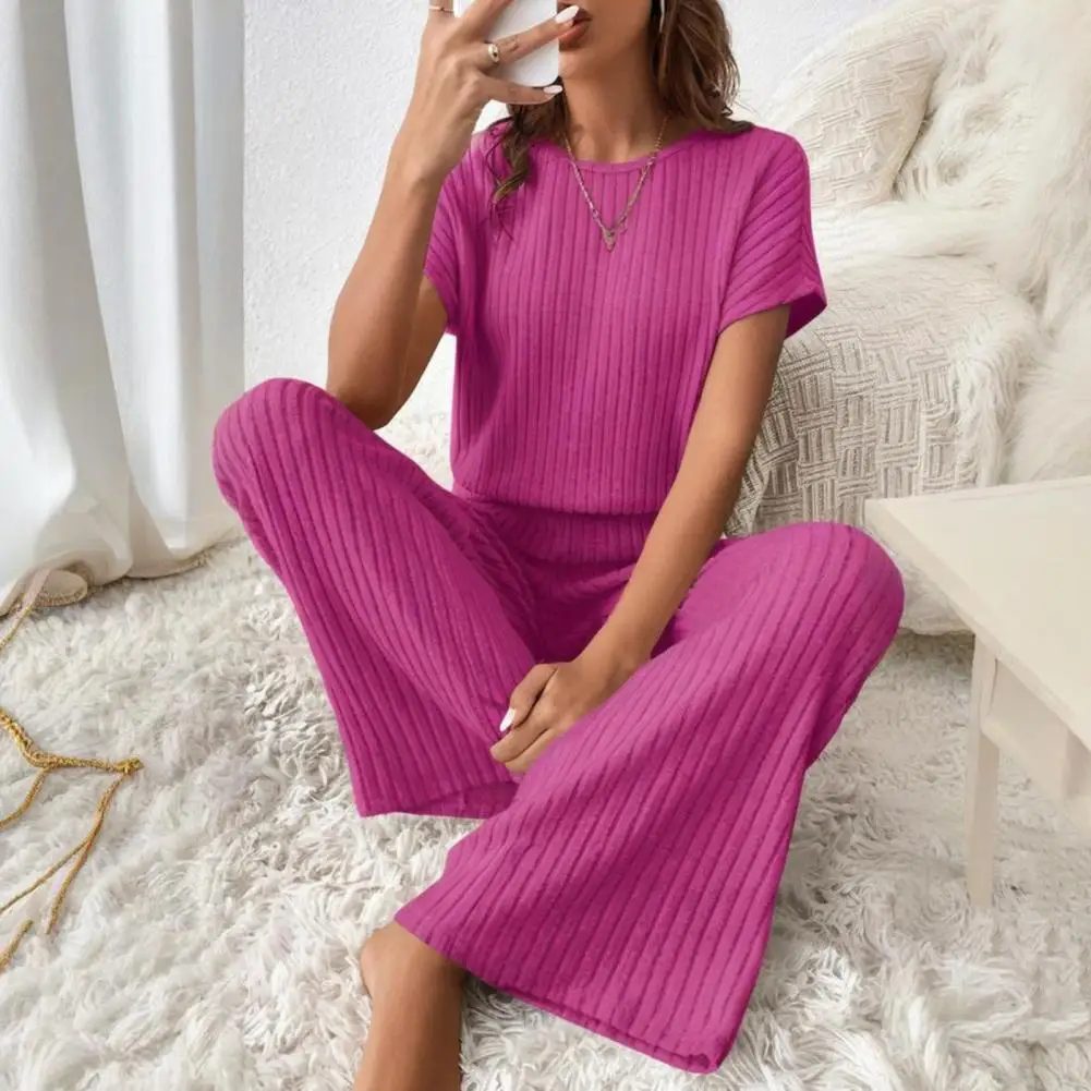 

Women's Two Piece Knit Set Short Sleeve Sweater Top Wide Leg Pants Lounge Sets Ribbed Knitted Casual Outfit For Spring Autumn