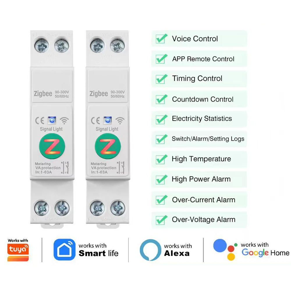 Tuya WiFi/Zigbee Smart Circuit Breaker 1‑63A Energy Monitoring Timing Countdown Loop Switch Overvoltage High Temp Protection