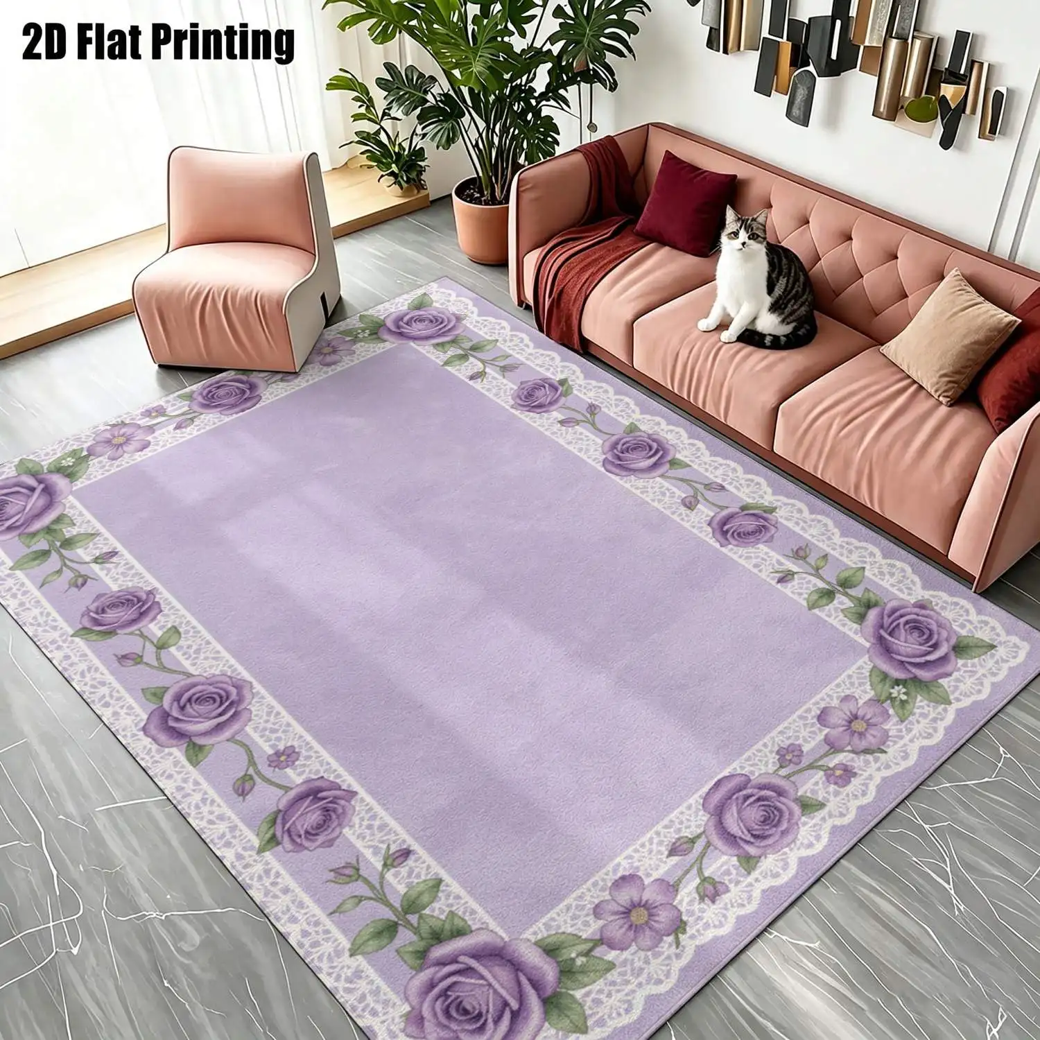 1Pc 2D Printed Light Purple Rose Floral Vintage European Carpet, Machine Washable, Multi-Size for Home Decor: Entrance/Dining/Foyer/Bedroom/Study/Living Room