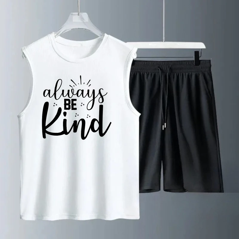 بدلة صدرية رجالية صيفية بدون أكمام مطبوعة دائمًا كن لطيفًا تانك القمم + شورتات طقم رجالي بدلات رياضية ملابس تنقيط سريعة الجفاف