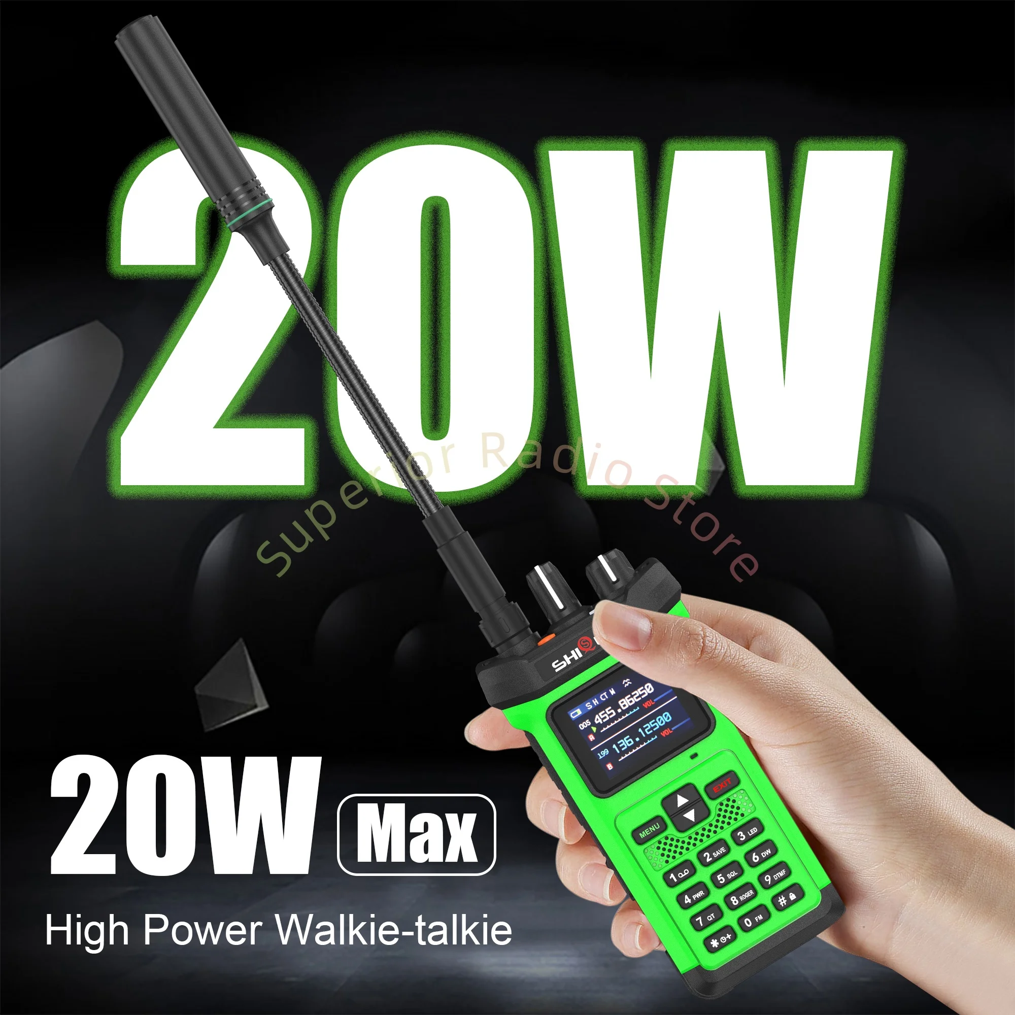 SQ-8500 اسلكية تخاطب خضراء عالية الطاقة 20 واط VHF UHF 5800 مللي أمبير AI الحد من الضوضاء عكس شاحن مصباح يدوي قوي FM كما حظر الطاقة
