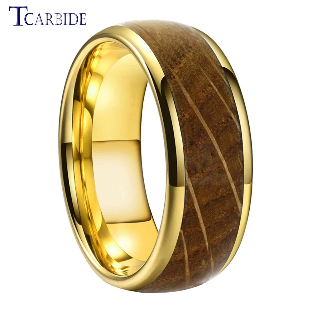 8MM Tungsten Engagement Wedding Bands Rings for Men Women Real Whiskey Barrel Oak Wood Inlay Domed Shape Polished Shiny