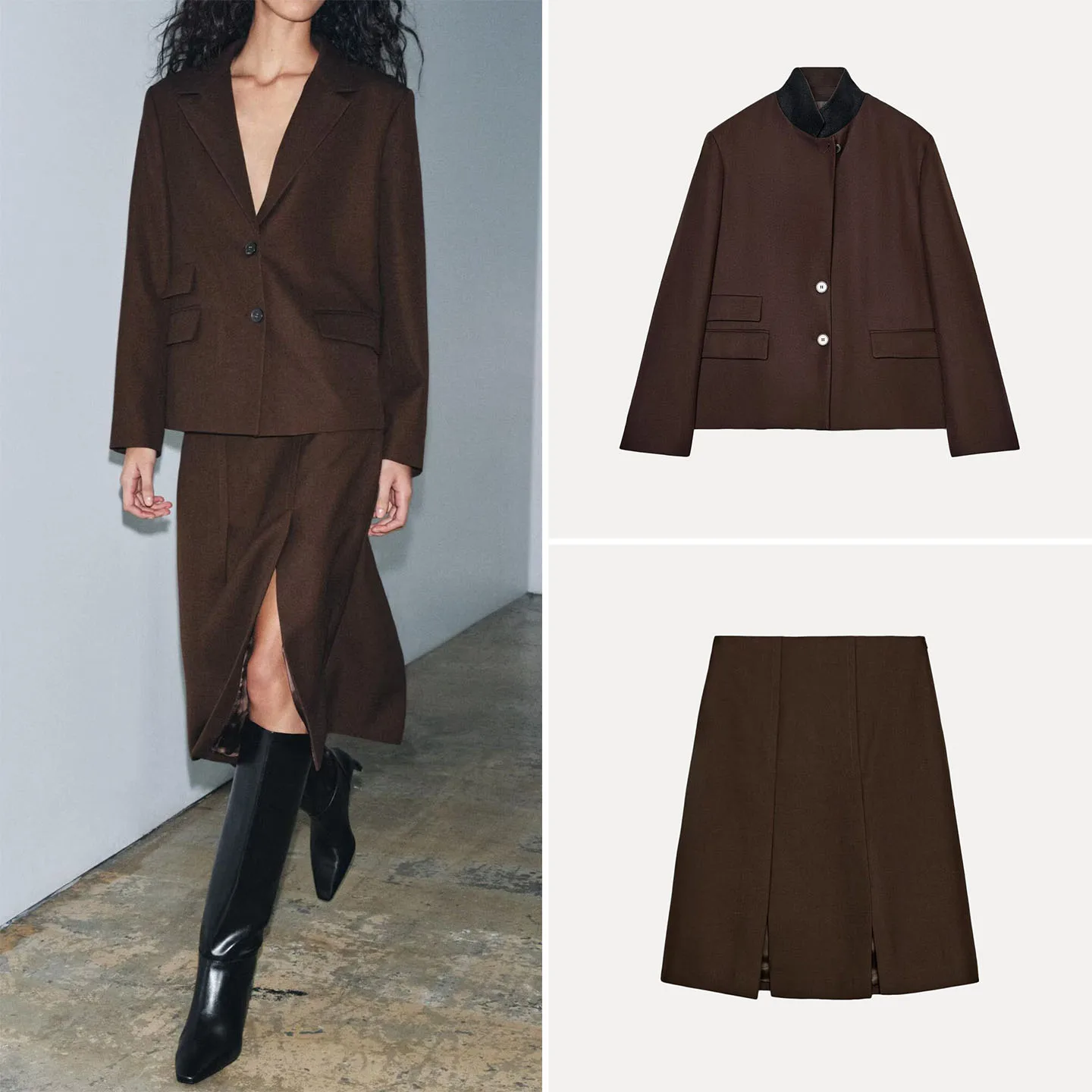 

2025 Autumn New Women's Suit Jacket with Pocket Wide Pleated Skirt Fashionable Two-Piece Set High Waist Pure Color for Adults