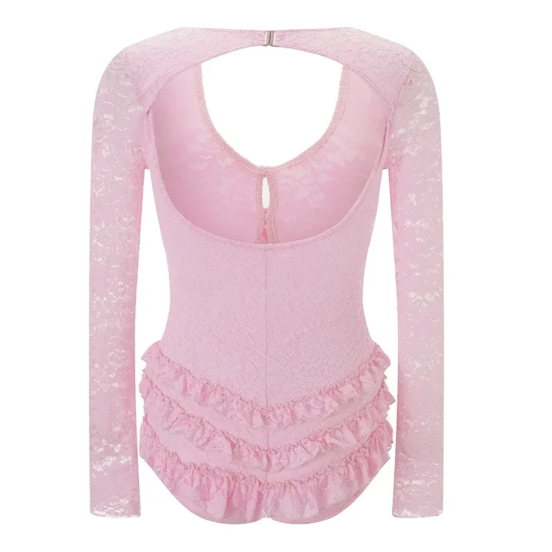 2025 Women Sexy Hollow Out Lace Bodysuit Y2K Long Sleeve Bow Cutout Open Back Ruffle Tiered Mini Dress Party Clubwear