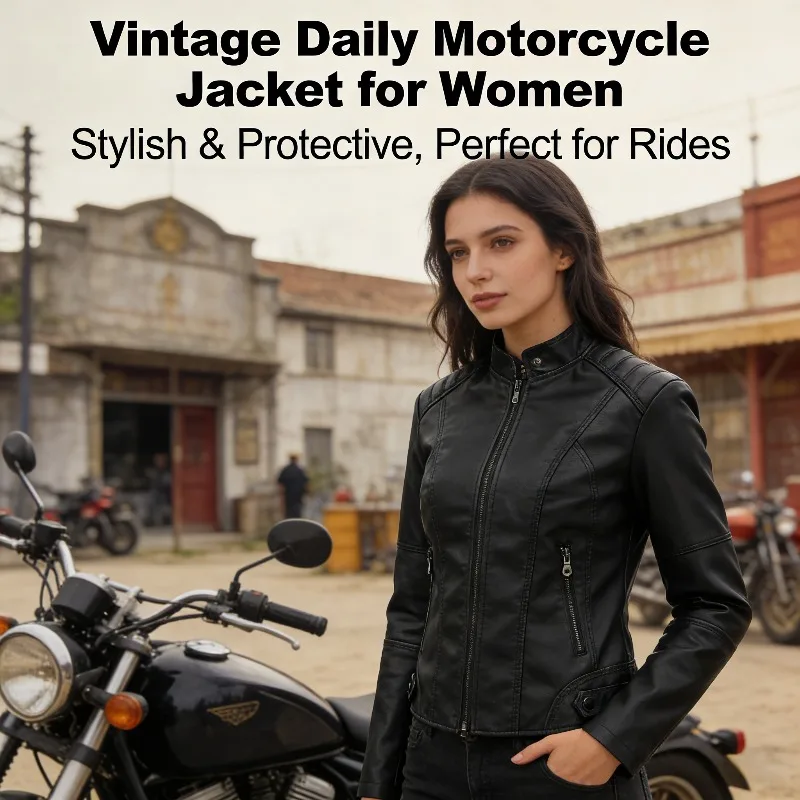 

Women's Slim Fit PU Leather Jacket, Spring Autumn Thin Motorcycle Coat Stand Collar Biker Jacket Plus Size