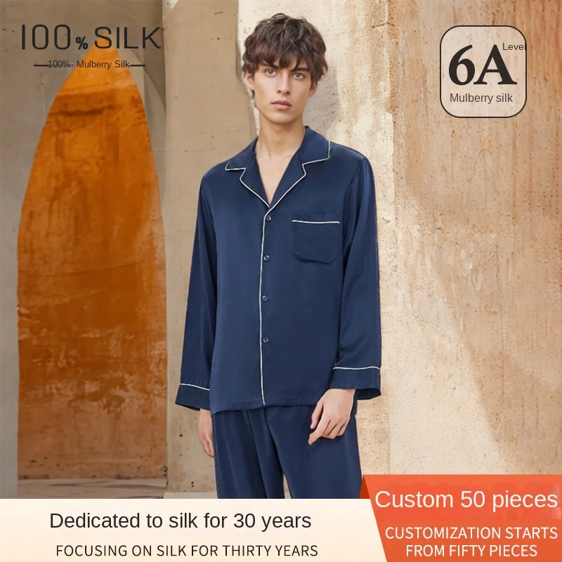 Mulberry Silk Pajamas Men 19 Momme 100% Plus Size Long Sleeve Soft Sleepwear Homewear Set For Spring Summer Autumn