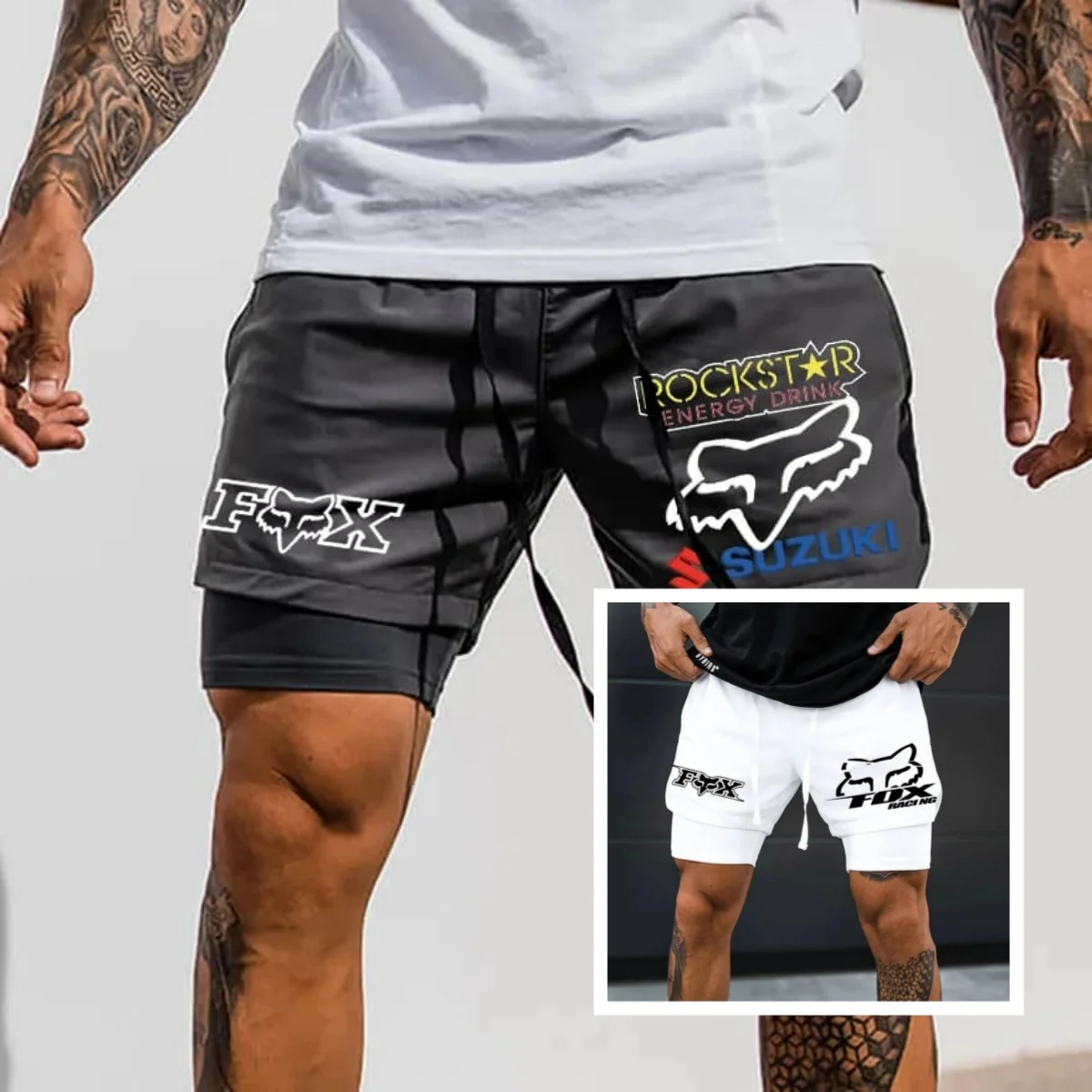 

New Summer Men's Quick-drying Fake Two-piece Shorts Men's FOX Printed Double-layer Sports Shorts Running Fitness Shorts Moto