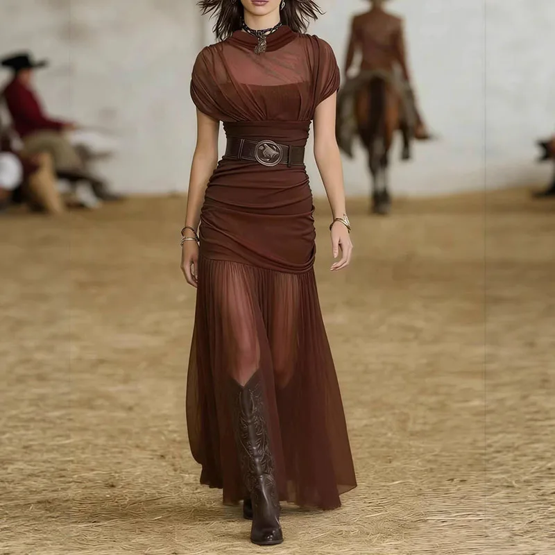 New Spring O Neck Splicing Mesh Long Dress Woman Sexy Hollow Slim Pleated Dress Boho Style Long Sleeve Solid Elegant Party Dress