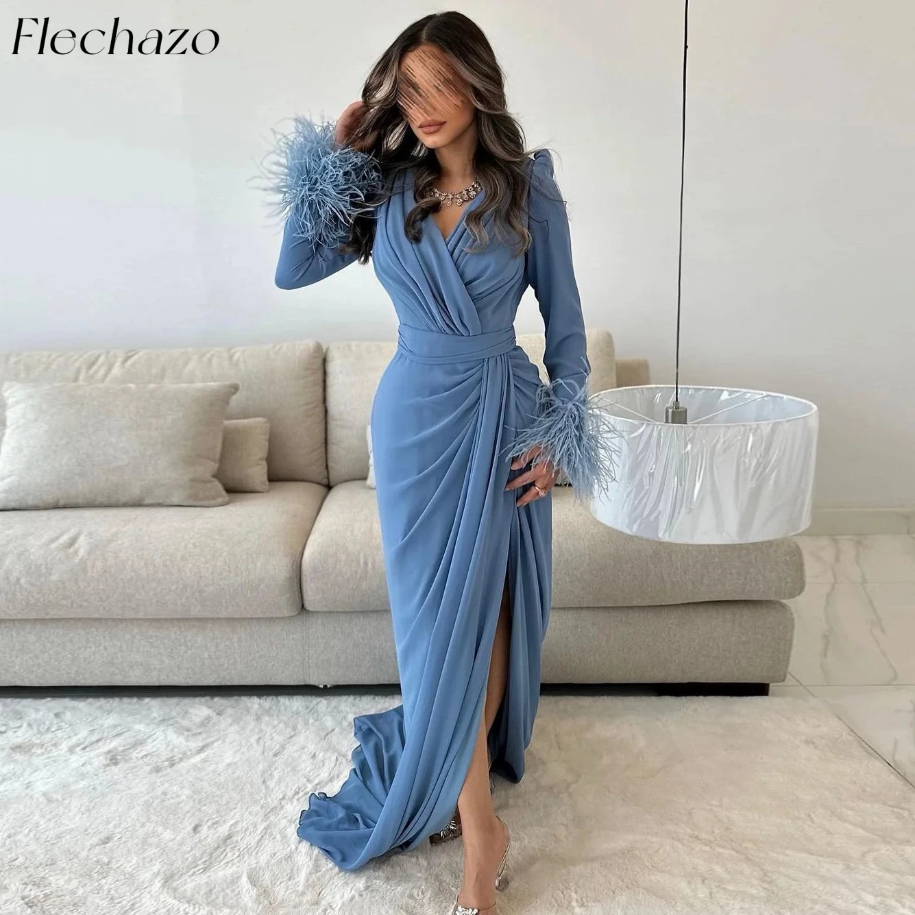 

Flechazo Chiffon Evening Dresses Feathers V Neck Side Slit Formal Party Gowns For Women 2024 vestidos de fiesta