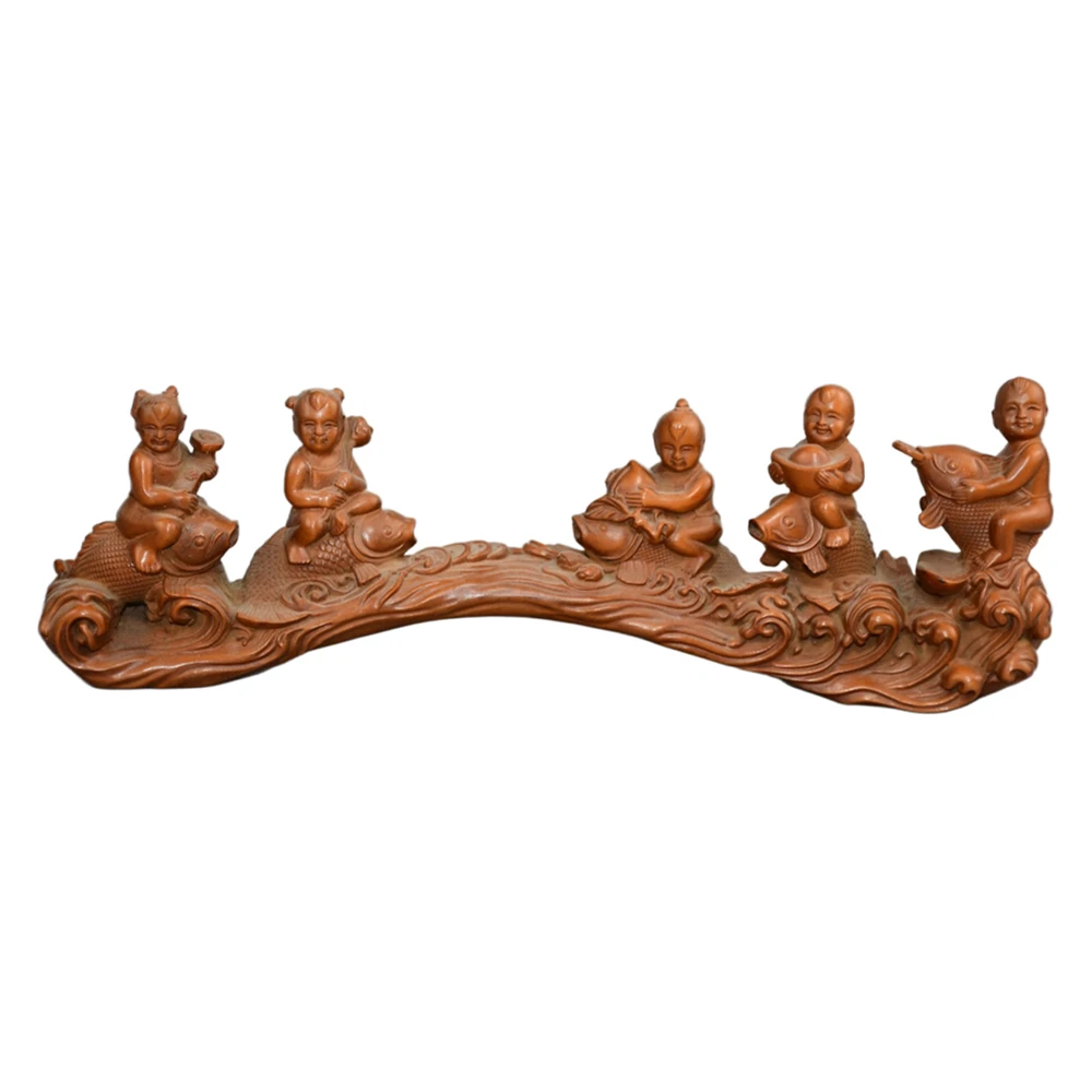 Sculpture en bois marron, Figurine sculptée chinoise, cinq garçons, bénédiction, prospérité, succès, joie, abondance, renforcement de la unité de croissance