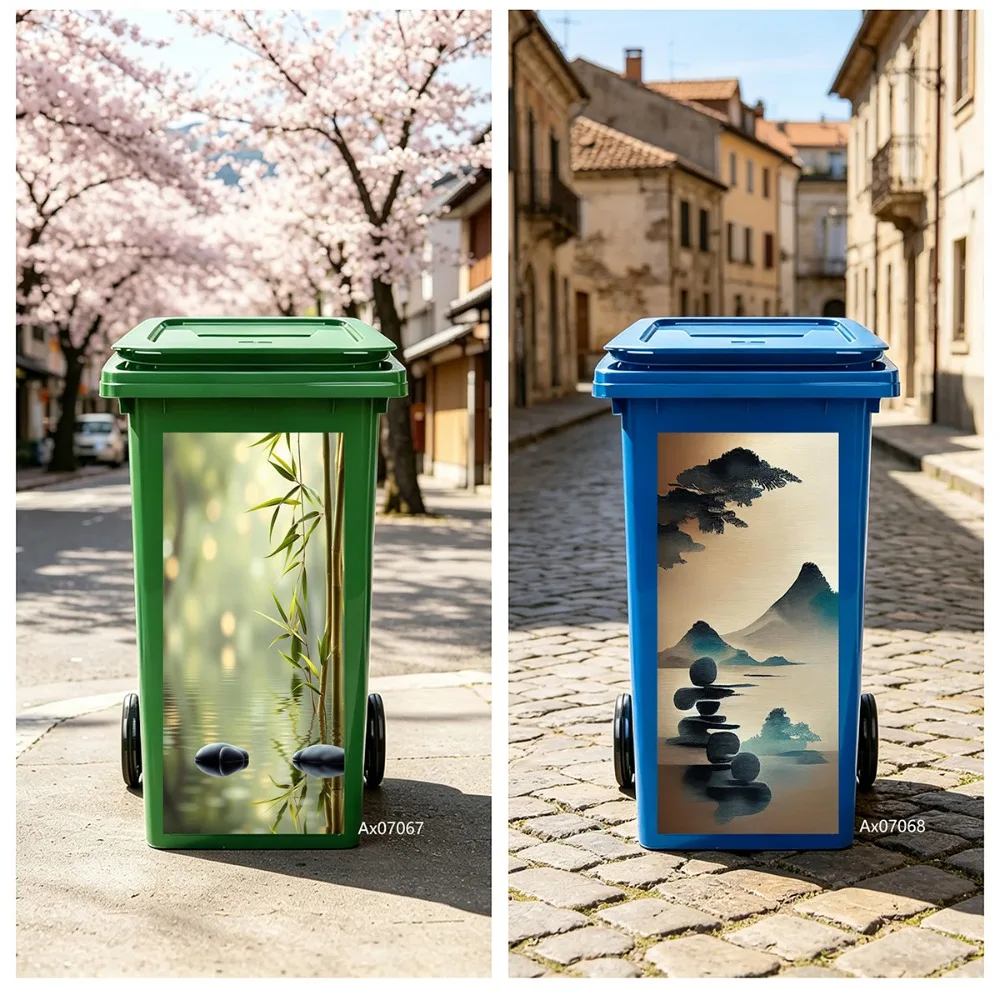 Waterproof Removable Zen Bamboo Water Stone Oriental Landscape Wheelie Bin Sticker For Outdoor Garden Trash Bin Decoration