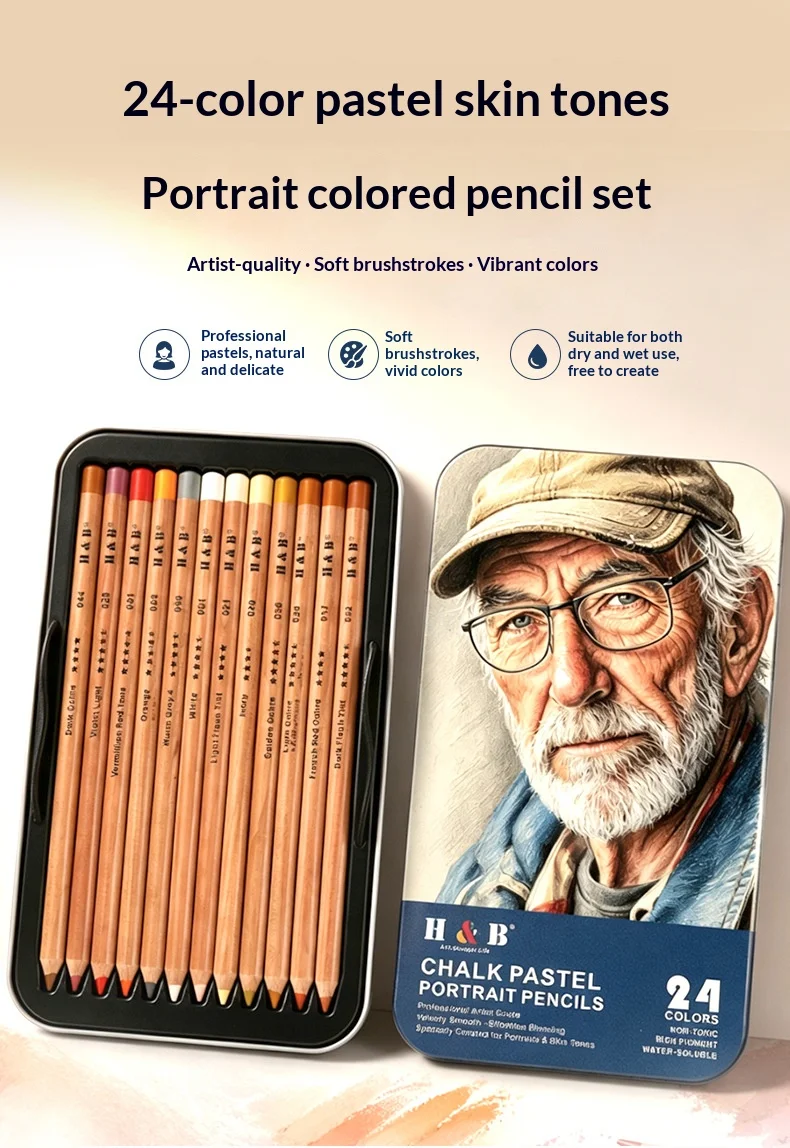 H&B 24-Farben Kreide-Pastell-Porträtstifte Wasserlösliches Hautfarben-Set 4mm Kerne Reichhaltige Pigmente für professionelle Künstler und Illustratoren – Detail 1