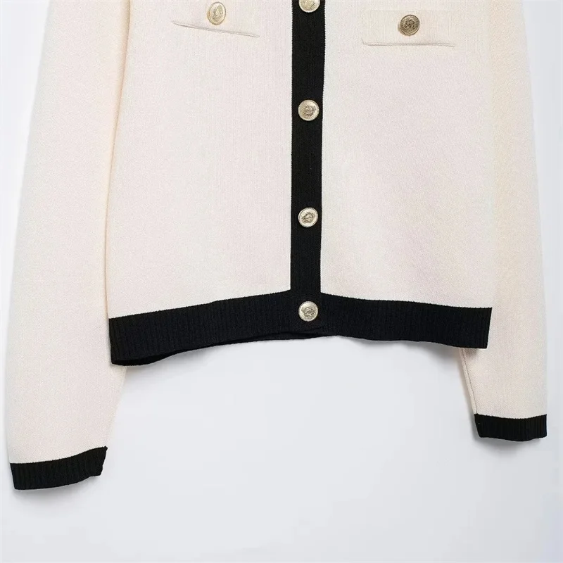 EDSA Women Knitted Cardigan with Golden Buttons Beige Sweater Coat Round Neck Long Sleeves Front False Pockets Outerwear