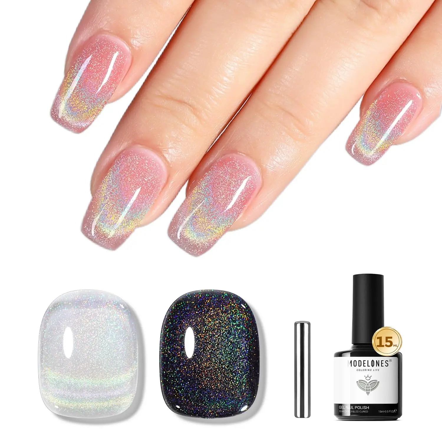 

modelones Cat Eye Rainbow Gel Nail Polish Silver Glitter Holographic Glass 9D Cat Eye Gel Polish with Magnet Stick Soak Off U V