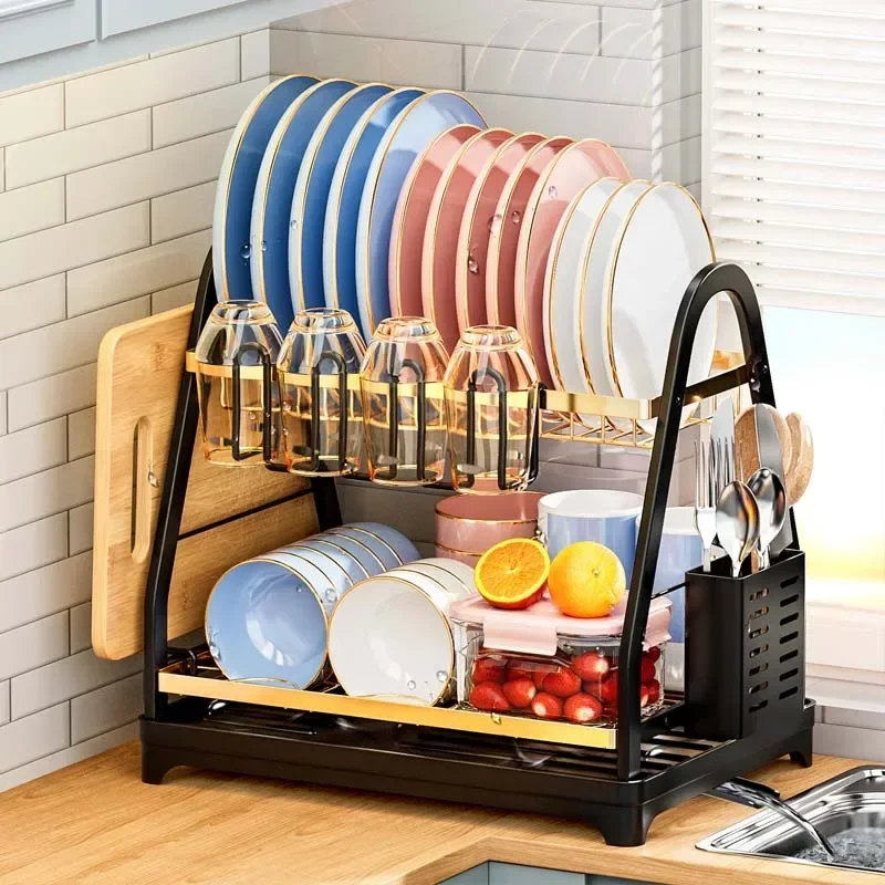 

Kitchen 2 Tier Kitchen Dish Bowl Drying Rack Drainer Storage Rack with Dish Chopsticks Knife Fork Water Cup Countertop Organizer