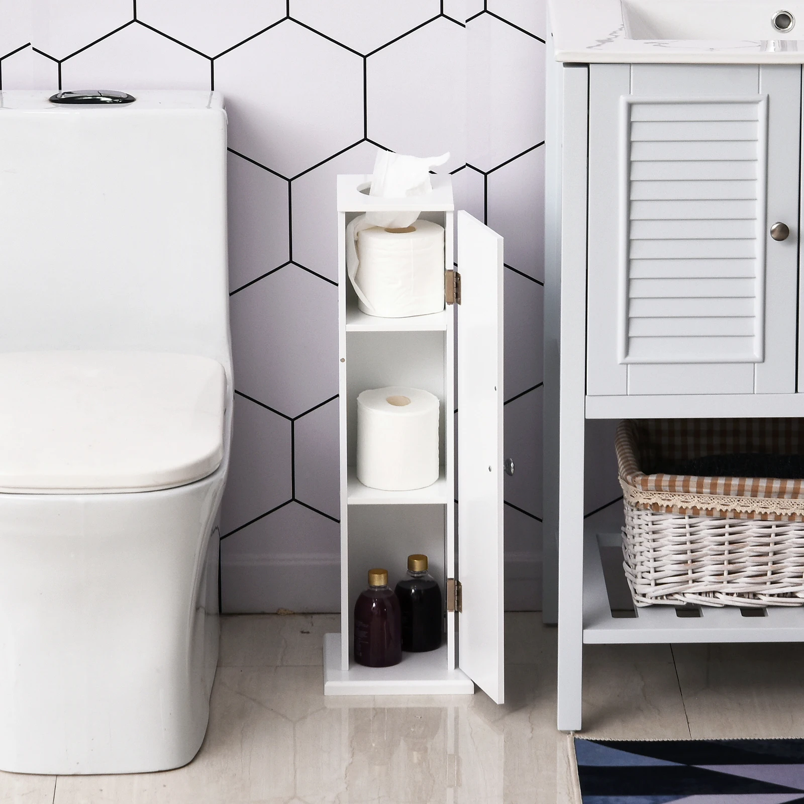 

White Tall Narrow Toilet Paper Storage Cabinet 25.5 Inch with 3 Shelves and Tissue Hole for Bathroom Corner in stock