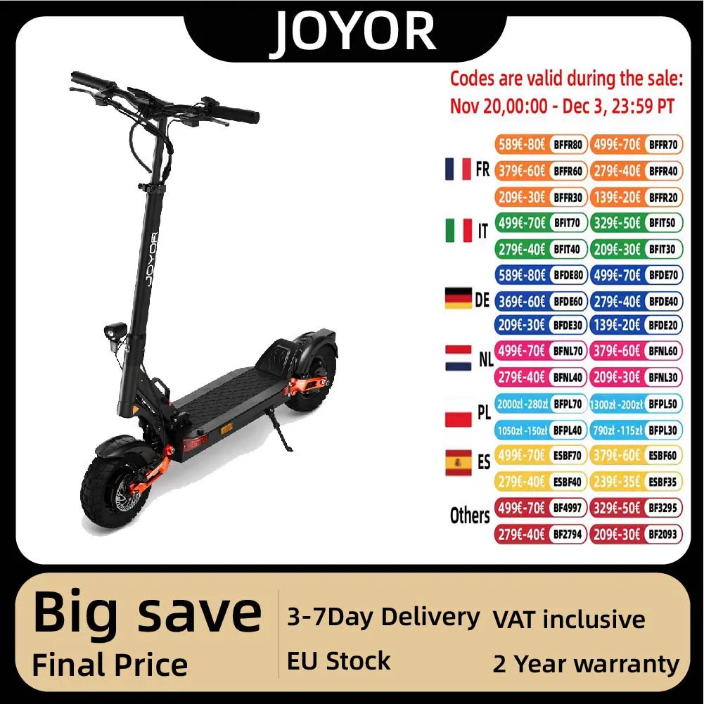 JOYOR T10 Scooter eléctrico para adultos 1000W * 2 Motor 60V18AH batería todoterreno Escooter 10 "neumático todoterreno plegable E-Scooter