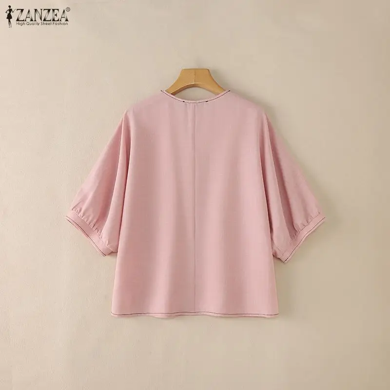 ZANZEA Contrast-Stitch V-Neck 3/4 Lantern Sleeve Blouses for Woman Casual Loose Pullover Tops Summer Daily Casual Blusa de Mujer