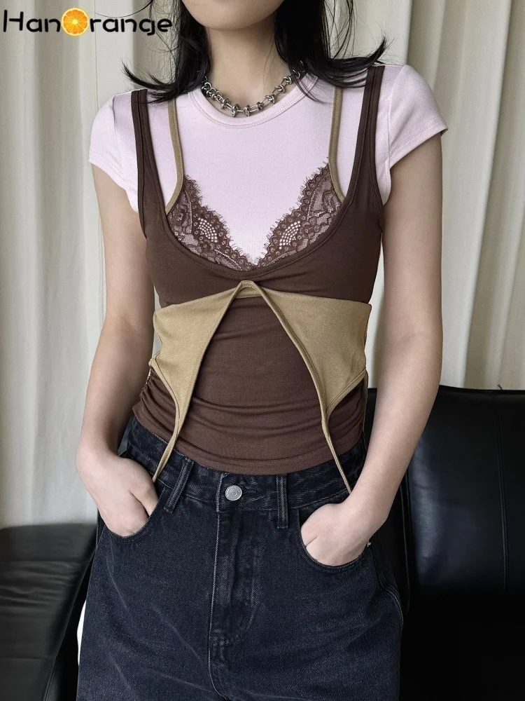HanOrange Summer Women Fake Two Piece Lace Stacked T-shirt Retro Deconstructed Set-in Female Tees Grey/Pink