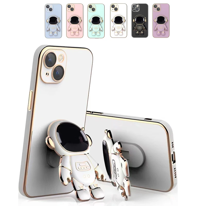 Astronaut Plating Stand Holder Case For Tecno Spark 8C 9T 8 7 6 Go Pova 2 Camon 18 16 15 Pro Pop 5 LTE Soft Bracket Phone Cover