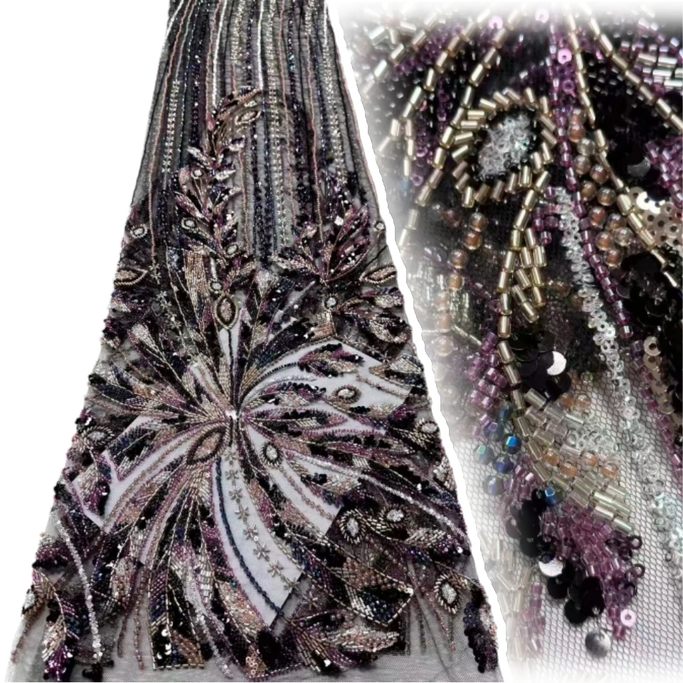 

Premium Nigerian Beaded Lace Fabric 5 Yards Luxury African Sequined Lace Fabric Wedding Fabric Bridal Lace Sewing Material 1814