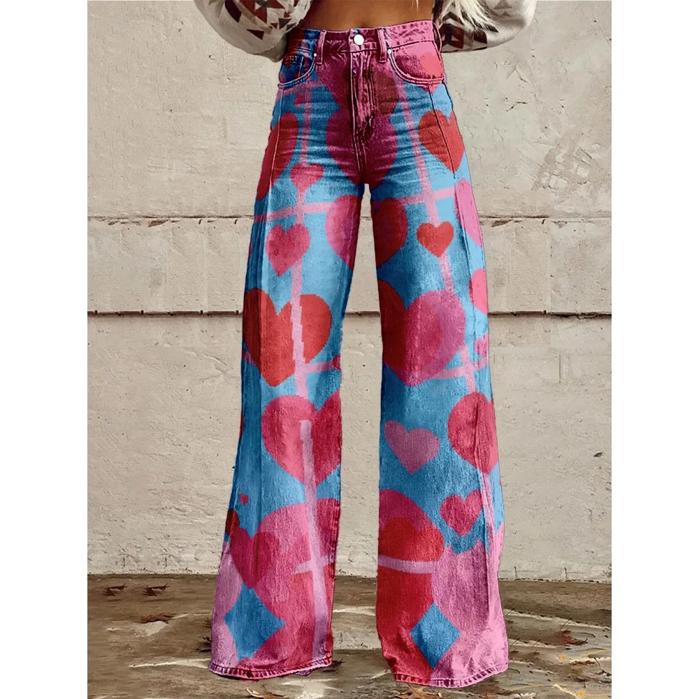 

Широкие брюки с принтом сердца в стиле поп-арт, женские брюки-клеш с высокой талией, красочные брюки с узором «любовь», праздничные брюки для вечеринок, мягкая повседневная одежда