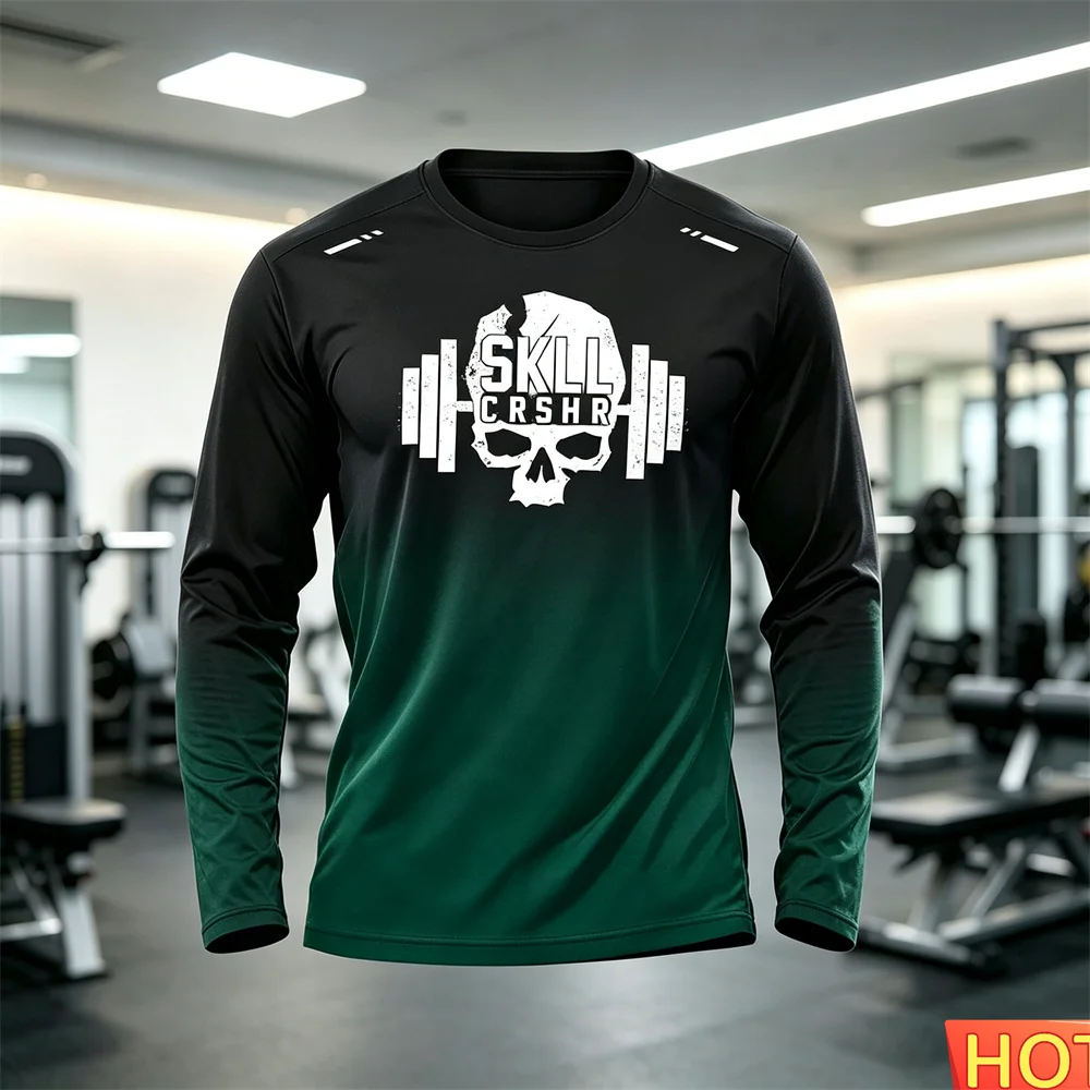 Autumn/Winter Gradient Gym T-shirt Men's Indoor Sports Long sleeved T-shirt Men's Cotton Elastic Fitness Dumbbells T-shirt tops