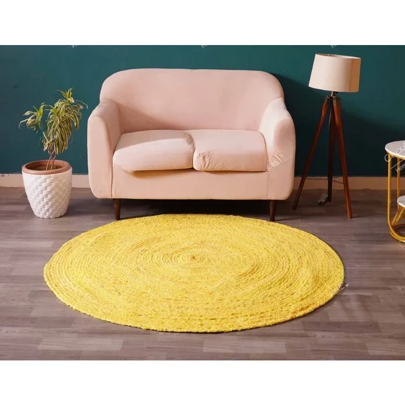 Handmade Round Cotton Dhurrie Rug Yellow Circle Chindi Rug Cotton Area Rugs