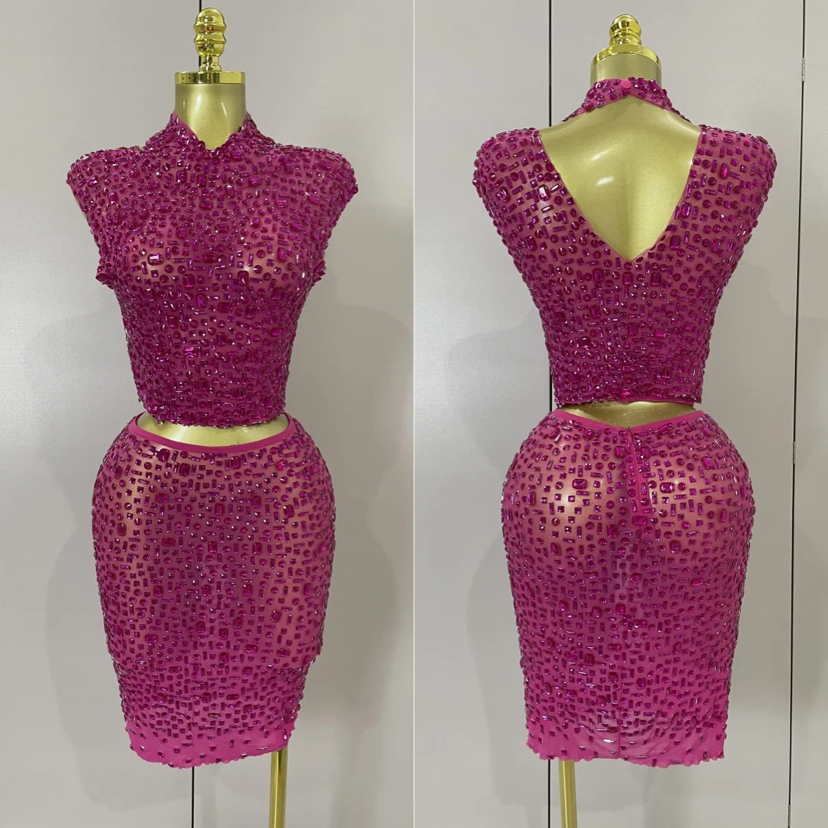 2025, Damen-Kleid zum Feiern, Geburtstag, Bühnenkostüm, luxuriös, glitzerndes Strass-Mesh, durchsichtiges Oberteil, kurzer Rock, zweiteilige Sets